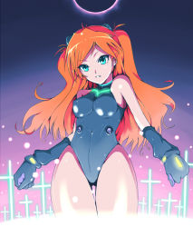 Rule 34 | 1girl, alternate costume, aqua eyes, bare shoulders, blue eyes, clenched hands, cowboy shot, cross, elbow gloves, gloves, glowing, hair ornament, halterneck, kasai shin, leotard, light particles, long hair, looking at viewer, neon genesis evangelion, neon trim, orange hair, parted bangs, parted lips, plugsuit, red hair, solo, souryuu asuka langley, thigh gap, thighs, turtleneck, wavy hair