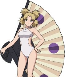 Rule 34 | 1girl, armpits, bare legs, bare shoulders, bikini, blonde hair, blue eyes, breasts, hand on own hip, legs, looking at viewer, naruto (series), naruto shippuuden, official art, one-piece swimsuit, smile, swimsuit, temari (naruto)