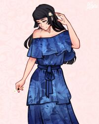 Rule 34 | 1girl, alternate costume, bare shoulders, black eyes, black hair, blue dress, blue ribbon, blue sleeves, blunt ends, bungou stray dogs, closed mouth, collarbone, commentary, cowboy shot, dress, english commentary, eyelashes, fashion, floral print, flower, gown, hair flower, hair ornament, hand in own hair, highres, long hair, looking to the side, marukmpos, mole, mole under eye, off-shoulder dress, off shoulder, pink background, pleated sleeves, ribbon, short sleeves, signature, simple background, smile, solo, tanizaki naomi, waist ribbon, white flower