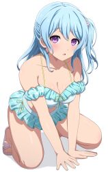 Rule 34 | 1girl, absurdres, bang dream!, bare arms, bare legs, bare shoulders, bikini, blue hair, blush, breasts, cleavage, frilled bikini, frilled bikini top, frills, full body, hair ornament, hands on floor, highres, kneeling, large breasts, light blue hair, looking at viewer, matsubara kanon, noshimurin, open mouth, purple eyes, sandals, simple background, solo, swimsuit, white background