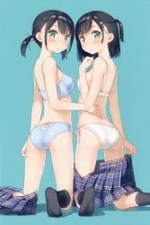 Rule 34 | 2girls, absurdres, akemi (kantoku), arched back, arm at side, ass, back, bare arms, bare shoulders, black hair, black socks, blue bra, blue panties, blush, bow, bow bra, bow panties, bra, breasts, clothes pull, cropped, feet, from behind, green eyes, hair ornament, hairclip, hand on another&#039;s back, hand up, highres, himeru (kantoku), kantoku, key hair ornament, keyhole panties, kneehighs, kneeling, lingerie, lock hair ornament, looking at viewer, looking back, multiple girls, no shoes, non-web source, open mouth, original, panties, parted lips, pink bow, scan, short hair, short ponytail, short twintails, shoulder blush, siblings, side-tie panties, sisters, skirt, skirt around one leg, skirt pull, small breasts, socks, soles, thighs, twins, twintails, underwear, underwear only, white bow, white bra, white panties