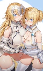 Rule 34 | 2girls, absurdres, armor, azur lane, blonde hair, blue eyes, blush, breast curtains, breast press, breasts, chain, cleavage, closed mouth, cowboy shot, duan henglong, elbow gloves, fate/apocrypha, fate/grand order, fate (series), faulds, gauntlets, gloves, hair between eyes, hair bun, headpiece, heart, heart-shaped pupils, highres, holding hands, interlocked fingers, jeanne d&#039;arc (azur lane), jeanne d&#039;arc (fate), jeanne d&#039;arc (ruler) (fate), jeanne d&#039;arc (third ascension) (fate), large breasts, long braid, long hair, looking at viewer, multiple girls, name connection, photoshop (medium), short hair, single hair bun, skindentation, smile, symbol-shaped pupils, symmetrical docking, thighhighs, thighs, very long hair, white legwear