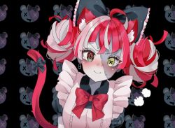 Rule 34 | 1girl, ahoge, alternate costume, animal ears, blush, bow, bowtie, cat ears, cat girl, cat tail, colored skin, enmaided, grey skin, hair bow, heterochromia, hololive, hololive indonesia, kemonomimi mode, kureiji ollie, looking at viewer, maid, maid headdress, moenaomii (artist), multicolored hair, patterned background, red neckwear, smile, stitched face, stitches, tail, two-tone hair, udin (kureiji ollie), virtual youtuber, zombie