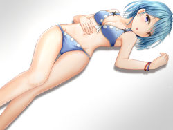 Rule 34 | 1girl, :p, ahoge, bare arms, bare legs, bare shoulders, bikini, blue bikini, blue eyes, blue hair, blush, breasts, cleavage, commentary request, feet out of frame, gradient background, grey background, groin, hair between eyes, hand on own stomach, hand up, heterochromia, looking at viewer, lying, medium breasts, navel, on back, on stomach, red eyes, santarou, shadow, short hair, smile, solo, stomach, swimsuit, tatara kogasa, thighs, tongue, tongue out, touhou, white background