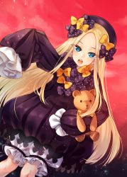 Rule 34 | 1girl, abigail williams (fate), absurdres, black bow, black dress, black hat, blonde hair, bloomers, blue eyes, bow, bug, butterfly, commentary request, dress, dutch angle, fate/grand order, fate (series), forehead, hair bow, hat, highres, hugging object, insect, kitazume kumie, long hair, long sleeves, looking at viewer, md5 mismatch, open mouth, orange bow, outstretched arm, parted bangs, polka dot, polka dot bow, resolution mismatch, sleeves past fingers, sleeves past wrists, solo, source smaller, stuffed animal, stuffed toy, teddy bear, teeth, underwear, upper teeth only, very long hair, white bloomers