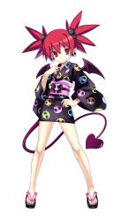 Rule 34 | 1girl, absurdres, commentary, cross edge, demon girl, demon tail, demon wings, disgaea, earrings, etna (disgaea), hair bobbles, hair ornament, hand on own hip, harada takehito, highres, hip focus, hirano katsuyuki, japanese clothes, jewelry, kimono, legs, long sleeves, nippon ichi, official art, pointy ears, red eyes, red hair, sandals, skull, solo, standing, tail, toes, twintails, wings, yukata