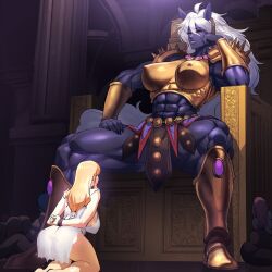 Rule 34 | 2girls, abs, animal ears, armor, ass, boots, breasts, giant, grey hair, huge ass, huge breasts, kisuu, long hair, multiple girls, muscular, muscular female, non-web source, on chair, original, seiza, sitting, thick thighs, thighs