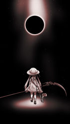 Rule 34 | 1girl, black footwear, brown dress, brown sleeves, chain, collared dress, cuffs, detached sleeves, dress, eclipse, facing viewer, hat, highres, holding, holding scythe, kindergarten uniform, long hair, long sleeves, monochrome, neon-tetora, school hat, scythe, shoes, sleeveless, sleeveless dress, sleeves past fingers, sleeves past wrists, socks, solo, tsukuyomi ai, twintails, very long hair, voiceroid
