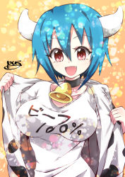 Rule 34 | 1girl, absurdres, animal print, bell, blue hair, blush, breasts, collar, cow girl, cow horns, cow print, fang, highres, horns, jashin-chan dropkick, large breasts, looking at viewer, minos (jashin-chan dropkick), neck bell, open mouth, red eyes, short hair, simple background, smile, solo, sparkle background, yuuki shushu