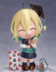 Rule 34 | 1girl, absurdres, amano pikamee, black skirt, black socks, blonde hair, blush, brown footwear, closed eyes, facing viewer, faux figurine, green hair, green sweater vest, highres, kettle, loafers, multicolored hair, nendoroid, open mouth, pleated skirt, sharp teeth, shiori2525, shoes, short hair, skirt, smile, socks, solo, sweater vest, teeth, translated, upper teeth only, virtual youtuber, voms