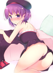 Rule 34 | 1girl, ass, bad id, bad pixiv id, bare shoulders, bed, bed sheet, bent over, black hat, blush, commentary request, embarrassed, fate/grand order, fate (series), from behind, hat, helena blavatsky (fate), jacket, looking at viewer, looking back, pillow, ponpon (tosico), purple eyes, purple hair, short hair, sleeveless, solo, strapless, thighs, unworn jacket, wavy mouth