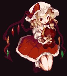 Rule 34 | 1girl, black background, blonde hair, flandre scarlet, full body, hat, highres, holding, holding stuffed toy, looking at viewer, medium hair, mob cap, open mouth, pointy ears, puffy short sleeves, puffy sleeves, red eyes, red skirt, rrrssr, sharp teeth, shoes, short sleeves, simple background, skirt, smile, socks, solo, stuffed animal, stuffed toy, teddy bear, teeth, touhou, white hat, white socks