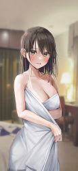 Rule 34 | 1girl, bad id, bad pixiv id, blurry, blurry background, blush, breasts, brown hair, cleavage, highres, indoors, large breasts, looking at viewer, mole, mole on breast, naked towel, original, rouka (akatyann), short hair, solo, tan, tanline, towel, wet, yellow eyes