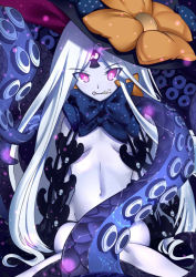 Rule 34 | 1girl, abigail williams (fate), abigail williams (third ascension) (fate), bad id, bad pixiv id, black bow, black hat, black panties, bow, breasts, commentary request, fate/grand order, fate (series), glowing, groin, hat, hat bow, highres, key, long hair, looking at viewer, mouth hold, navel, orange bow, pale skin, panties, paperfinger, parted bangs, pink eyes, print bow, revealing clothes, sitting, small breasts, solo, star (symbol), star print, suction cups, tentacles, topless, underwear, very long hair, white hair, witch hat