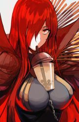 Rule 34 | armor, black bodysuit, bodysuit, breastplate, breasts, cape, chain, close-up, cup, drink, drinking, drinking straw, fate/grand order, fate (series), highres, holding, holding drink, large breasts, looking at viewer, oda nobunaga (fate), oda nobunaga (maou avenger) (fate), one eye covered, red cape, red eyes, red hair, simple background, sitting on breasts, solo