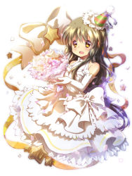 Rule 34 | 1girl, alternate costume, bouquet, bow, brown eyes, brown hair, chinese commentary, clannad, commentary request, dress, elbow gloves, flower, frilled dress, frilled hat, frills, full body, gloves, hat, highres, ibuki fuuko, lliissaawwuu2, long hair, low-tied long hair, open mouth, party hat, ribbon, round teeth, simple background, sleeveless, sleeveless dress, solo, starfish, teeth, upper teeth only, white background, white bow, white gloves, yellow ribbon