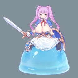 Rule 34 | 1girl, :d, blue eyes, blush, breasts, breasts out, cleavage, full body, hekirake, holding, holding shield, holding sword, holding weapon, large breasts, long hair, nipple slip, nipples, open mouth, original, pink hair, puffy short sleeves, puffy sleeves, red neckwear, shield, short sleeves, slime (creature), smile, sword, twintails, weapon