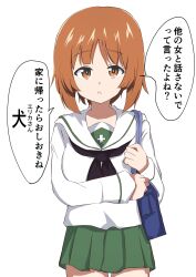 1girl absurdres blue_bag brown_hair chaarai commentary_request girls_und_panzer green_skirt highres long_sleeves miniskirt nishizumi_miho school_uniform serafuku short_hair skirt translation_request white_serafuku