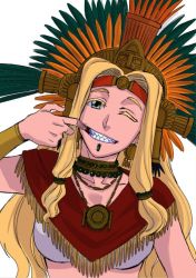 Rule 34 | 1girl, blonde hair, chin piercing, fate/grand order, fate (series), green eyes, headdress, hiroe rei, jewelry, mouth pull, necklace, one eye closed, pendant, quetzalcoatl (fate), sharp teeth, solo, strapless, teeth, tube top, white background