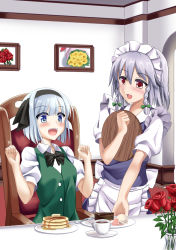 Rule 34 | + +, 2girls, :d, apron, arms up, black bow, black neckwear, blue eyes, blue skirt, blue vest, blush, bow, braid, butter, cake, cake slice, chair, chocolate cake, commentary request, cup, drawing (object), flower, food, fork, green vest, hair ribbon, highres, holding, holding tray, ice cream, indoors, izayoi sakuya, konpaku youmu, looking at another, maid headdress, multiple girls, open mouth, pancake, plate, puffy short sleeves, puffy sleeves, red carpet, red eyes, red flower, red rose, ribbon, rose, saucer, shirt, short hair, short sleeves, silver hair, sitting, skirt, smile, standing, syrup, table, tablecloth, teacup, teeth, touhou, tray, tress ribbon, twin braids, upper body, upper teeth only, vase, vest, waist apron, white shirt, yasuu (ezuw3737)