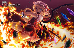 Rule 34 | 1girl, :d, ascot, blonde hair, crazy smile, crystal, fire, flandre scarlet, freeze-ex, frilled shirt collar, frilled skirt, frills, hat, hat ribbon, incoming attack, laevatein, looking at viewer, mob cap, open mouth, puffy short sleeves, puffy sleeves, red eyes, red ribbon, red skirt, red vest, ribbon, shirt, short sleeves, side ponytail, skirt, skirt set, smile, solo, touhou, vest, white shirt, wide-eyed, wings, wrist cuffs
