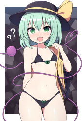 Rule 34 | 1girl, :d, ?, @ @, bare shoulders, black bra, black hat, black panties, blouse, blush, bow, bow bra, bow panties, bra, breasts, brown background, cleft of venus, collarbone, cowboy shot, eyeball, frilled sleeves, frills, green bow, green eyes, green hair, hat, hat bow, hat ribbon, heart, heart of string, highres, hypnosis, komeiji koishi, light blush, looking at viewer, mind control, navel, open mouth, panties, petite, ribbon, rizento, shirt, short hair, short sleeves, small breasts, smile, solo, square, teeth, thighs, third eye, touhou, underwear, undressing, upper teeth only, wide sleeves, yellow ribbon, yellow shirt