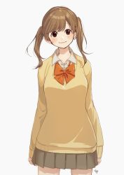 Rule 34 | 1girl, blush, bow, bowtie, brown eyes, brown hair, closed mouth, collared shirt, commentary request, cowboy shot, grey background, grey skirt, kawai makoto, looking at viewer, orange bow, orange bowtie, original, pantyhose, pleated skirt, shirt, signature, simple background, skirt, smile, solo, standing, sweater, twintails, white shirt, wing collar, yellow sweater