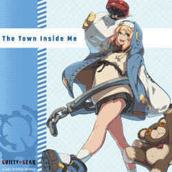 Rule 34 | 1boy, absurdres, album cover, aqua eyes, arc system works, arm up, bare legs, belt, bike shorts under skirt, black belt, black bow, black gloves, blonde hair, blue footwear, blue hood, boots, bow, bridget (guilty gear), chain, cover, cuffs, english text, gloves, guilty gear, guilty gear strive, habit, handcuffs, hidehiko sakamura, highres, holding, holding stuffed toy, hood, hoodie, official art, open clothes, open hoodie, oversized clothes, puffy sleeves, roger (guilty gear), stuffed animal, stuffed toy, teddy bear, trap, yo-yo