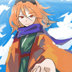 Rule 34 | 1other, androgynous, black hairband, blue scarf, blue sky, closed mouth, cocopalm, colored eyelashes, day, green shirt, hair between eyes, hairband, highres, jacket, len&#039;en, long sleeves, looking at viewer, medium hair, open clothes, open jacket, orange eyes, orange hair, orange jacket, other focus, outdoors, scarf, shirt, sketch, sky, smile, upper body, zuifeng tenkai