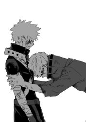 2boys bakugou_katsuki bandaged_arm bandages best_jeanist blood blood_on_chest blood_on_face boku_no_hero_academia closed_mouth collared_shirt covered_eyes covered_mouth greyscale hair_over_eyes hands_on_another&#039;s_arms head_on_chest high_collar highres leaning_forward male_focus monochrome multiple_boys profile shirt superhero_costume torn_clothes torn_sleeves zbura