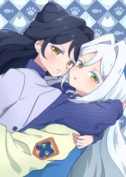 Rule 34 | + +, 2girls, black hair, blue background, blue sweater, chii (chi pppuri), closed mouth, commentary request, frown, hair intakes, highres, hug, jacket, kiratto pri chan, long hair, long sleeves, looking at viewer, luluna (pri chan), multiple girls, open mouth, outline, pretty series, siblings, sisters, solulu, sweater, twins, upper body, white hair, white outline, yellow eyes