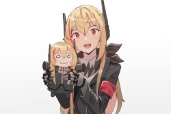 Rule 34 | 1girl, :d, absurdres, armband, black jacket, blonde hair, blush, character doll, commentary, doll, gar32, girls&#039; frontline, gradient background, grey background, hair between eyes, hands up, headgear, highres, holding, holding doll, jacket, long hair, long sleeves, looking at viewer, m4 sopmod ii (girls&#039; frontline), m4 sopmod ii jr, multicolored hair, open mouth, red eyes, red hair, smile, solo, streaked hair, upper body, very long hair, white background