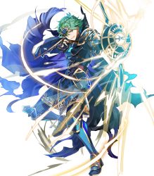 Rule 34 | 1boy, alm (fire emblem), alternate costume, arai teruko, armor, armored boots, arrow (projectile), boots, bow (weapon), cape, fingerless gloves, fire emblem, fire emblem echoes: shadows of valentia, fire emblem heroes, full body, gloves, green eyes, green hair, hair ornament, highres, male focus, nintendo, official alternate costume, official art, teeth, torn clothes, transparent background, weapon