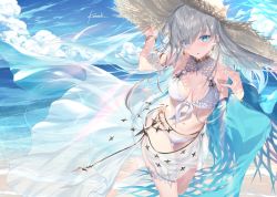 Rule 34 | 1girl, anastasia (fate), beach, bikini, blue sky, blush, breasts, commentary request, day, fate/grand order, fate (series), hat, kousaki rui, long hair, looking at viewer, medium breasts, navel, open mouth, outdoors, sarong, signature, silver hair, sky, straw hat, swimsuit, thighs, very long hair, white bikini