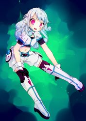 Rule 34 | 1girl, absurdres, alpha (acerailgun), android, blue hair, boots, borrowed character, flat chest, full body, fuyuki yuki, gloves, highres, long hair, navel, open mouth, original, pink eyes, solo, thigh boots, thighhighs