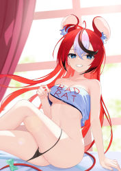 Rule 34 | 1girl, absurdres, animal ear fluff, animal ears, bare shoulders, bite mark, blue eyes, bow, breasts, clothes writing, collarbone, crop top, crossed bangs, crossed legs, curtains, grin, hair between eyes, hakos baelz, hickey, highres, hololive, hololive english, jiang ye kiri, long hair, looking at viewer, medium breasts, mouse ears, mouse girl, mouse tail, multicolored hair, navel, panties, panty pull, red hair, sitting, smile, solo, stomach, streaked hair, tail, tail bow, tail ornament, thighs, underwear, very long hair, virtual youtuber, window
