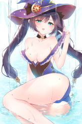 Rule 34 | 1girl, absurdres, arm support, asymmetrical bangs, bare legs, bare shoulders, black choker, black hair, blue hat, blue one-piece swimsuit, breasts, choker, clothes pull, collarbone, genshin impact, green eyes, hair between eyes, half-closed eyes, hat, highres, looking at viewer, medium breasts, mona (genshin impact), off shoulder, one-piece swimsuit, one-piece swimsuit pull, open mouth, partially submerged, pulling own clothes, sitting, solo, swimsuit, thighs, tsuyuri eri, twintails, wet, witch hat