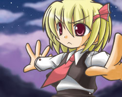 Rule 34 | &gt;:&lt;, 1girl, :&lt;, aqua minaduki, blonde hair, child, closed mouth, cloud, embodiment of scarlet devil, eyebrows, eyes visible through hair, female focus, hair ribbon, minazuki aqua, necktie, night, night sky, outstretched arms, red eyes, red necktie, red ribbon, ribbon, rumia, short hair, sky, solo, spread arms, star (symbol), touhou, tress ribbon, v-shaped eyebrows, white sleeves