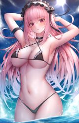 Rule 34 | 1girl, areola slip, arm strap, armpits, arms behind head, arms up, bad id, bad pixiv id, bare shoulders, bikini, black bikini, black bow, black collar, blush, bow, breasts, cleavage, collar, commission, copyright request, cowboy shot, criss-cross halter, frilled bikini, frills, gradient hair, groin, hair between eyes, hair bow, halterneck, headdress, highres, large breasts, long hair, looking at viewer, multicolored hair, navel, outdoors, parted lips, pink hair, red eyes, revision, skeb commission, snm (sunimi), solo, standing, star (symbol), stomach, string bikini, sunlight, swimsuit, thighs, wading, water, wet