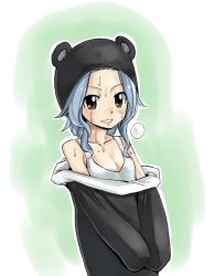 Rule 34 | black hat, blue hair, breasts, brown eyes, cleavage, collarbone, cosplay, cowboy shot, fairy tail, hat, levy mcgarden, mashima hiro, official art, pantherlily, pantherlily (cosplay), shirt, short hair with long locks, sidelocks, simple background, sleeveless, sleeveless shirt, small breasts, solo, sweat, white background, white shirt
