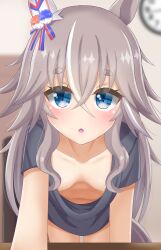 Rule 34 | 1girl, absurdres, animal ears, blue eyes, blurry, blurry background, blush, breasts, clock, downblouse, extended downblouse, grey hair, hanging breasts, highres, horse ears, horse girl, horse tail, katsuragi b k, leaning forward, long hair, looking at viewer, loose clothes, loose shirt, navel, no bra, open mouth, shirt, small breasts, solo, tail, textless version, umamusume, wonder acute (umamusume)