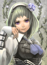 Rule 34 | 1girl, armor, aro (charged time out), bad id, bad pixiv id, breasts, flower, green hair, hair flower, hair ornament, hairband, lips, medium breasts, original, portrait, purple eyes, smirk, solo, upper body