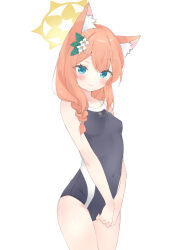 Rule 34 | 1girl, absurdres, animal ear fluff, animal ears, bare arms, bare legs, bare shoulders, black one-piece swimsuit, blue archive, blue eyes, blush, breasts, cat ears, closed mouth, cowboy shot, flower, hair flower, hair ornament, halo, highres, k63sss, long hair, looking at viewer, mari (blue archive), one-piece swimsuit, orange hair, school swimsuit, simple background, small breasts, smile, solo, swimsuit, white background, white flower, yellow halo