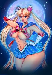 Rule 34 | 1girl, adapted costume, alternate hairstyle, armpits, artist request, bare shoulders, bishoujo senshi sailor moon, black background, blonde hair, blue background, blue eyes, breasts, character request, earrings, gloves, gradient background, hand on own hip, huge breasts, jewelry, limps, lips, moon, school uniform, skirt, smile, twintails, v