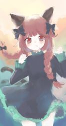 Rule 34 | 1girl, :3, absurdres, animal ears, bow, braid, cat ears, cat tail, dress, fang, fang out, green dress, hair bow, highres, kaenbyou rin, long sleeves, looking at viewer, multiple tails, nox (noxiesart), red eyes, red hair, solo, tail, touhou, twin braids