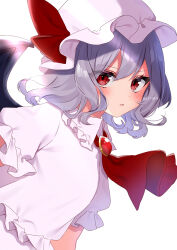 Rule 34 | 1girl, ascot, bat wings, blush, brooch, collar, collared dress, commentary, dot nose, dress, frilled collar, frilled dress, frilled sleeves, frills, from side, hat, hat ribbon, highres, jewelry, looking at viewer, medium hair, mob cap, open mouth, red ascot, red eyes, red ribbon, remilia scarlet, ribbon, shinonome asu, short sleeves, solo, touhou, upper body, white background, white dress, white hair, white hat, wings