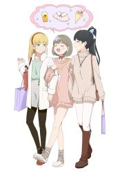 Rule 34 | 3girls, absurdres, bag, black legwear, boots, bow, bow choker, brown footwear, brown hair, brown sweater, choker, closed eyes, green shirt, hair behind ear, handbag, hazuki ren, heanna sumire, high heels, highres, holding another&#039;s arm, jacket, jewelry, long hair, love live!, love live! superstar!!, multiple girls, necklace, pants, pantyhose, parted lips, pink sweater, purple bag, red bow, red choker, shirt, shirt tucked in, shopping bag, skirt, smile, sparkle, speech bubble, sweater, tang keke, very long hair, walking, white jacket, white pants, white skirt, wz (52889)
