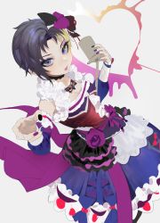 Rule 34 | 1girl, absurdres, bad id, bad pixiv id, blue eyes, bow, casey (shining star), dress, eyeliner, eyeshadow, flower, frilled dress, frills, grey background, hair bow, heart, highres, idol, lipstick, looking at viewer, makeup, microphone, multicolored hair, multicolored nails, nail polish, ohisashiburi, open mouth, purple flower, purple ribbon, purple rose, reaching, reaching towards viewer, ribbon, rose, shining star, short hair, solo, two-tone hair