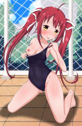 Rule 34 | 10s, 1girl, ahoge, battle girl high school, blush, breasts, chain-link fence, cleft of venus, covered erect nipples, ether core, fence, hasumi urara, highres, kneeling, long hair, nipples, one breast out, pinky out, red hair, smile, solo, swimsuit, tongue, twintails, yellow eyes