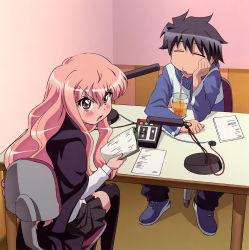 Rule 34 | 00s, 1boy, 1girl, angry, blush, drinking, closed eyes, highres, hiraga saito, long hair, louise francoise le blanc de la valliere, microphone, microphone stand, pink eyes, pink hair, radio booth, sitting, table, thighhighs, usatsuka eiji, zero no tsukaima